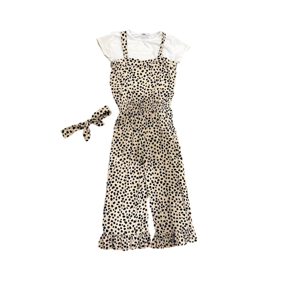 IDO Girls 3-PC Jumpsuit Set Beige with Black Dots and Matching Headband Size 7-8